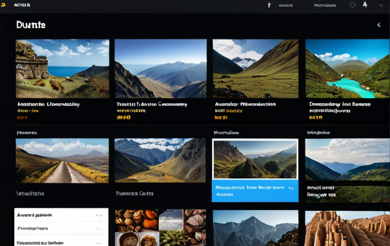 A travel curation system showcasing a beautiful landscape image with intuitive menu categories like "Domestic Travel," "International Travel," and a prominent search bar with autocomplete. The design is minimalist with a dark mode option and adheres to accessibility standards with high color contrast.